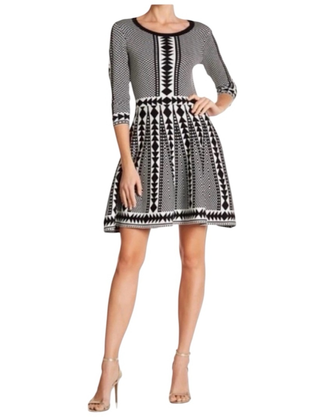 Nina Leonard Black & White Geometric Print Fit & Flare Knit Sweater Dress Sz SP
